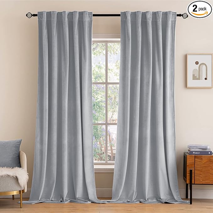MIULEE Greyish White Velvet Curtains 108 inches Long 2 Panels - Luxury Blackout Curtains for Bedroom Living Room Thermal Insulated Fall Decor Super Soft Window Drapes Rod Pocket & Back Tab