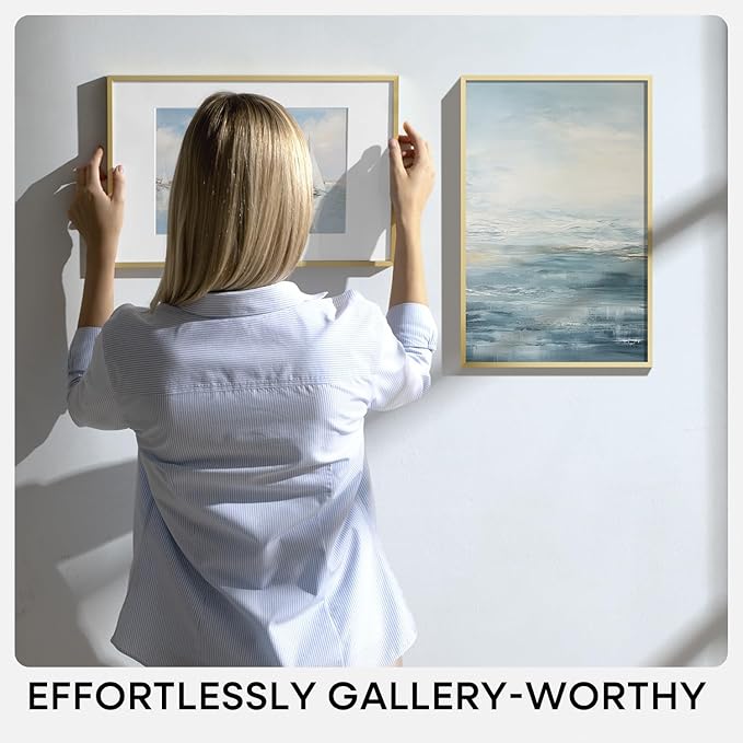 Homeforia 24x24 Gold Square Frame, High End Metal 24 x 24 Large Gold Poster Frames with Mat 20 by 20 for Photo, 24by24 Thin Picture Frame Matted to 20x20 inch Print, Tempered Glass, Wall Kit, Set of 2