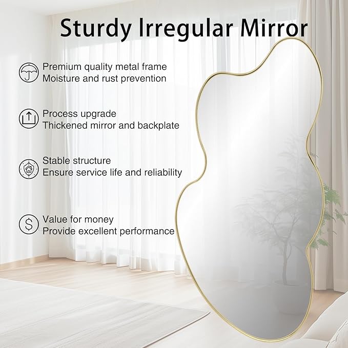 Gold Irregular Mirror, Asymmetrical Wall Mirror, 49.6"x26" Cloud Shaped Mirrors, Large Metal Frame Mirrors for Living Room Bathroom Bedroom Hallway Entryway Fireplace