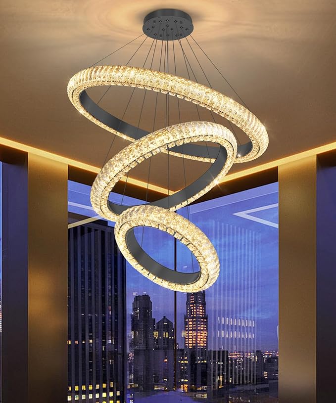 31.5" 3 Ring Crystal Chandelier Modern LED Dimmable Ring Pendant Light Round Chandelier for Dining Room Living Room Black