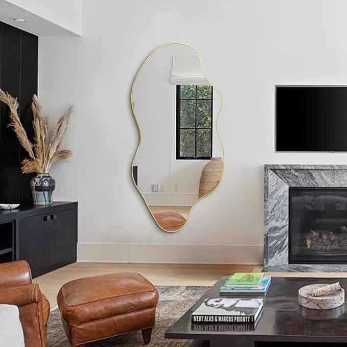 Large Irregular Mirror, Asymmetrical Wall Mirror, 52"x25.5" Gold Abstract Mirrors Decorative, Modern Frameless Wavy Shaped Mirrors for Dressing Living Room Bathroom Bedroom Hallway Entryway