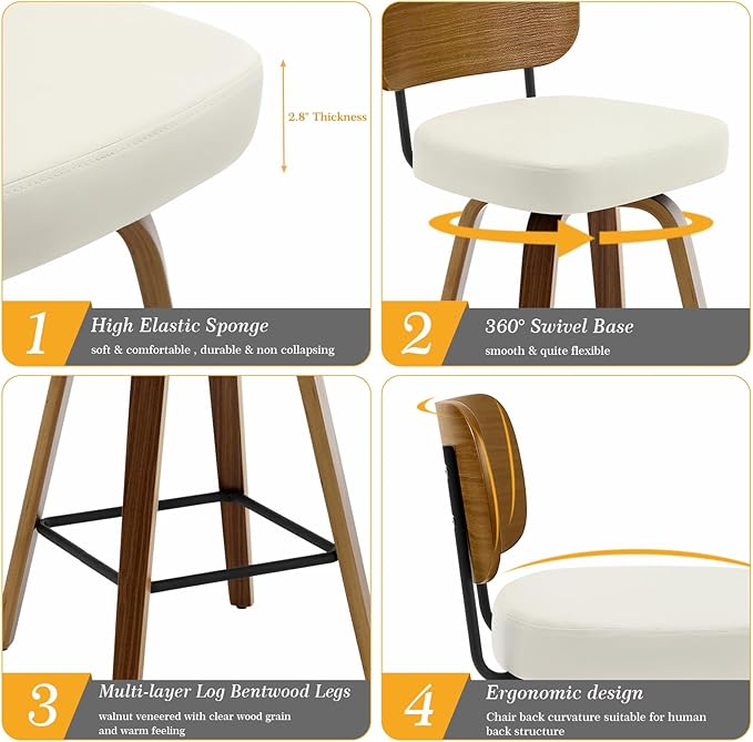 Swivel Counter Height Bar Stools Set of 4, Mid-Century Modern Upholstered Faux Leather Barstools with Wood Back, 26" Seat Height Bar Stools for Kitchen Island, Cream Seat and Walnut Frame