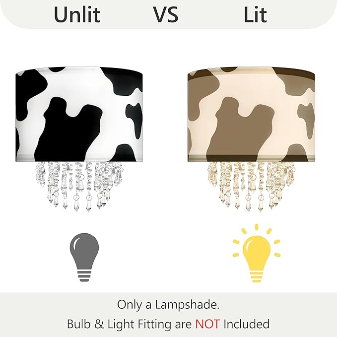 Star Vision Black & White Cow Print Drum Fabric Lampshade with Acrylic Beaded Droplets, Modern Farmhouse Light Shade for Pendant, Table, Wall & Floor Lamps, Bedroom, Living Room & Entryway Décor