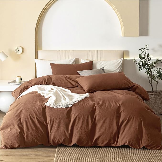 JIYUAN 100% Washed Cotton Duvet Cover Set 3 Pieces King, 1 Duvet Cover 104x90 Inches(Comforter Not Included) and 2 Pillowcases,Linen Feel Bedding Set Comfy and Breathable,Burnt Orange