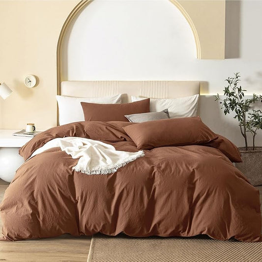 JIYUAN 100% Washed Cotton Duvet Cover Set 3 Pieces Super King, 1 Duvet Cover 108x98 Inches(Comforter Not Included) and 2 Pillowcases,Linen Feel Bedding Set Comfy and Breathable,Burnt Orange