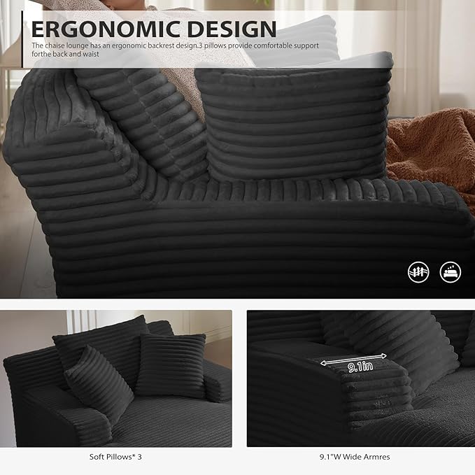 Oversized Chaise Lounge Chair Indoor, Boneless Reading Sleeper Chair Upholstered Corduroy Sofa Bed with Throw Pillows, Cozy Cloud Couch for Living Room, Bedroom, Apartment, Black