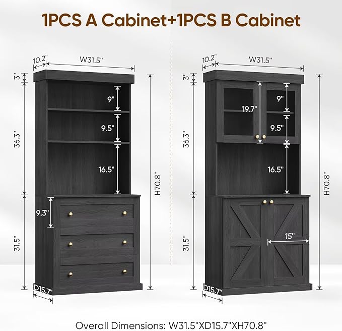 71" Farmhouse Kitchen Pantry Cabinet Set of 2, Black Freestanding Coffee Bar Hutch with Glass Doors, Drawers & Adjustable Shelves, Large Storage Cabinet with Microwave Stand for Living Room & Kitchen