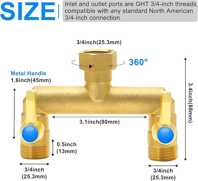 Garden Hose Splitter Full Flow, 2 Way Heavy Duty Outdoor Brass Hose Splitter with Metal Shutoff Valve and Long Handle Outdoor Faucet Diverter, 3/4" GHT Threads，Water Flow Increase