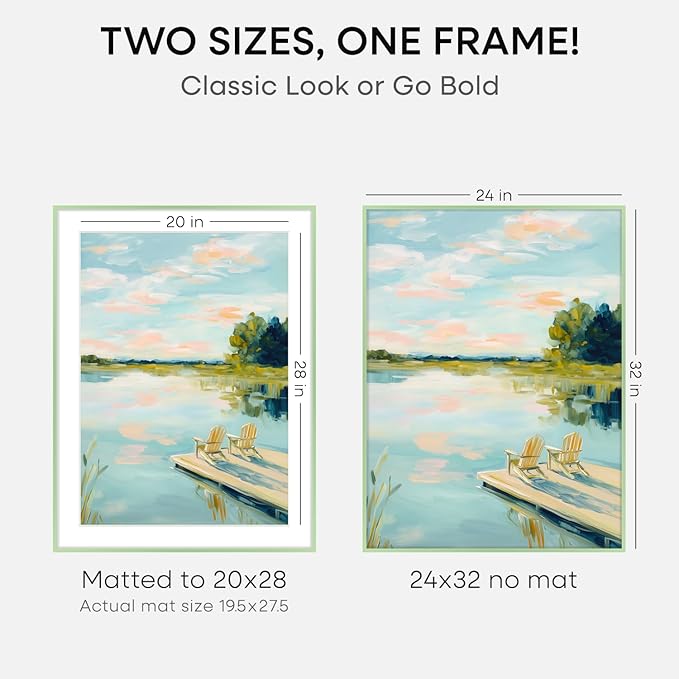 Homeforia 24x32 Sage Green Picture Frame, High End Metal 24x32 Poster Frames with Mat 20x28 inch Photo, 24 x 32 Thin Frame Matted to 20 x 28 Art, 32x24 Large Frames, Tempered Glass, Wall Kit, Set of 1