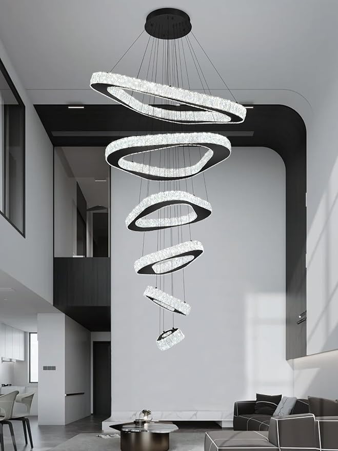 Modern Crystal Chandeliers for High Ceiling 6 Ring Chandelier LED Black Ceiling Lights Fixtures High Ceiling Chandelier for Foyer Staircase Living Room Dining Room 2700K-6000K