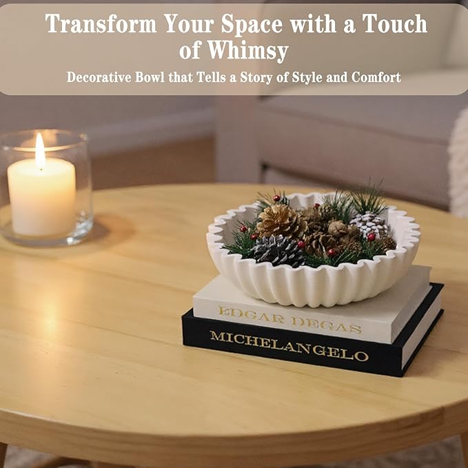 Decorative Bowl for Home Decor - White Large Decorative Fruit Bowls for Coffee Table - Scalloped Ruffle Centerpiece key Bowl for Entry Table - Morden Round 10" Aesthetic Decor