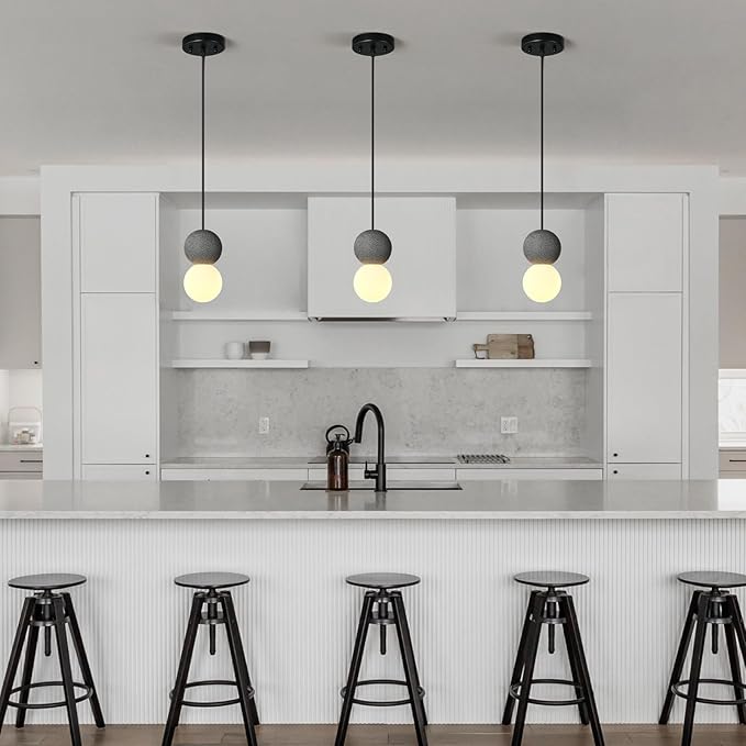 Modern Black 1-Light Concrete Pendant Light Kitchen Island Ceiling Light Fixture White Glass Globe Ball Pendant Lighting for Dining Room Coffee Club Resturant Bar Living Room(2-Pack)