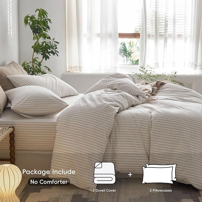 MooMee Striped Duvet Cover Set 100% Washed Cotton Linen Like Textured Breathable Durable Soft Comfy (White Tannish Linen Grey Wide Stripes, Oversized Full 82"x86")
