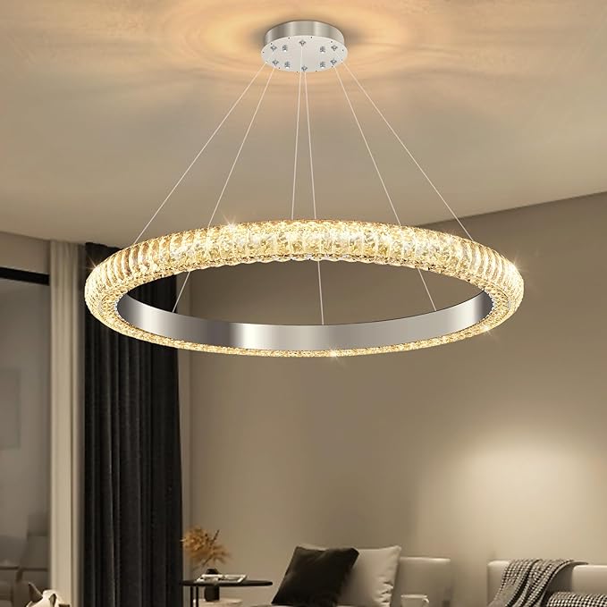31.5" 1 Ring Crystal Chandelier Modern LED Dimmable Ring Pendant Light Chandelier for Dining Room Living Room Silver