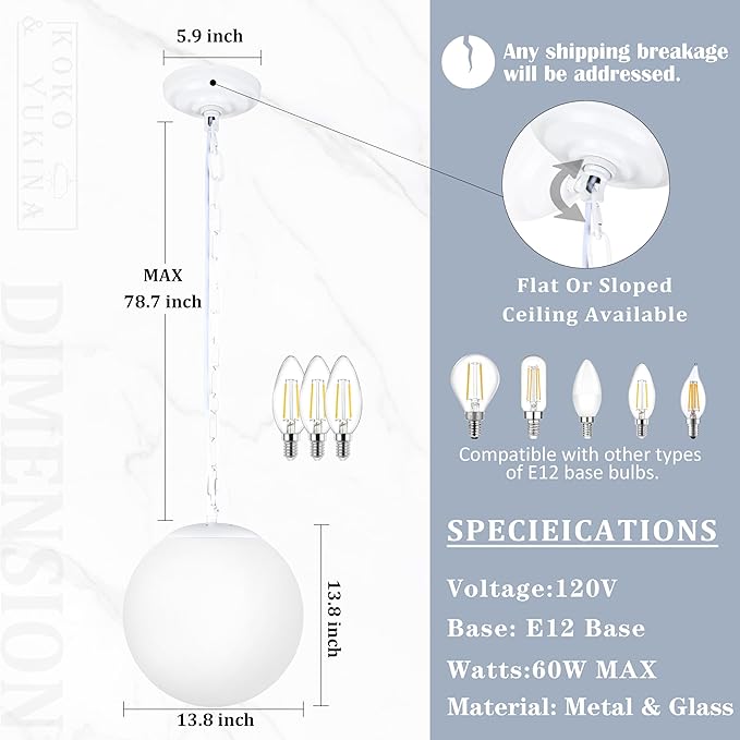 KoKo&Yukina 13.7 Inch Globe Pendant Light Adjustable White Globe Pendant Lights Kitchen Island Mid Century Light Fixture with Milky White Glass Shade for Living Room