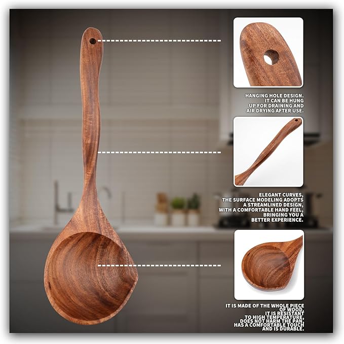 Wooden Ladle Spoon Set, 3 Size Teak Large Soup Ladel Wood Spoons for Cooking Serving Spoon Ladles Wooden Cooking Spoon Long Handle Mixing Spoon Ladle