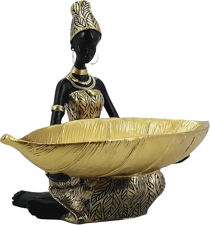 African Sitting Woman Leaf Bowl Statue – Tribal Resin Figurine for Candy Dish, Key Holder, Vanity Tray, African Decor Gift