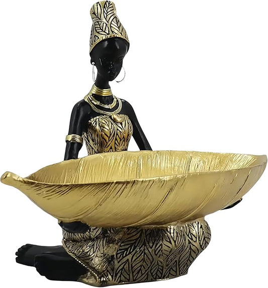 African Sitting Woman Leaf Bowl Statue – Tribal Resin Figurine for Candy Dish, Key Holder, Vanity Tray, African Decor Gift