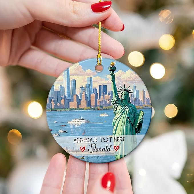 Personalized Statue of Liberty Ceramic Christmas Ornament 2025, New York US Xmas Ornament Gift for Mom Dad Family Friends Travellers, Custom Text/Name New York City Travel Souvenir Keepsake Ornaments