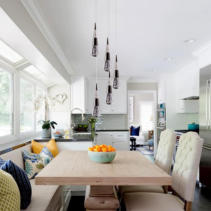 5-Light led Pendant Light, Dimmable Modern Pendant Light Kitchen Island Light Fixture Luxury Meteor Shower-Style Black Led Chandelier for Dinning Room, Kitchen Lighting Fixture