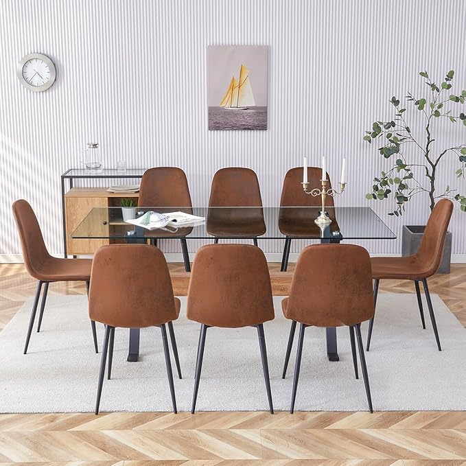 9 Piece Glass Dining Table Set, Kitchen Table Chairs Set for 8, 71'' Dining Table with 0.4" Tempered Glass Tabletop with Plated Metal Legs and MDF Crossbar, 8 Suede Chairs for Dining Room, Kitchen.