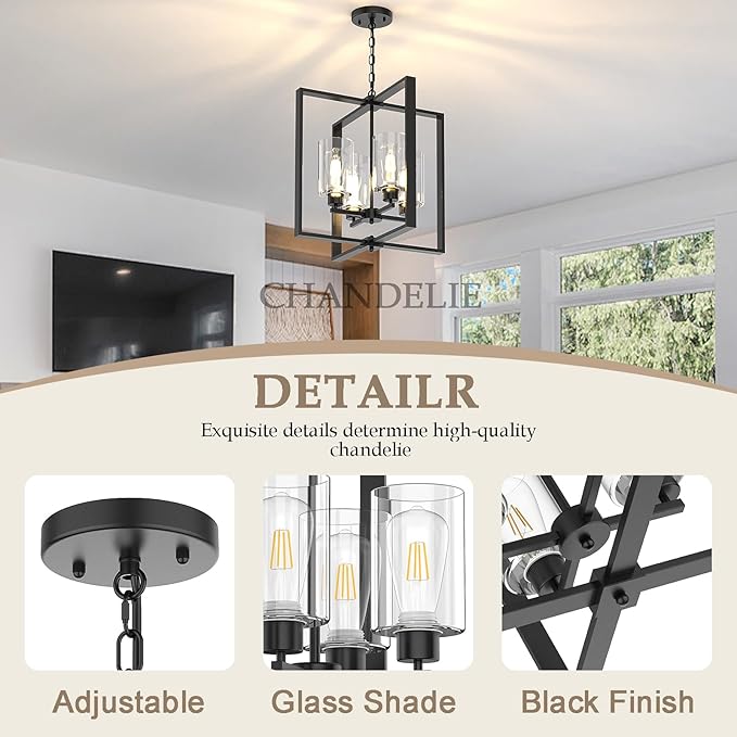4-Light Farmhouse Chandelier Light Fixture, 18in Black Dining Room Chandeliers with Glass Shade Modern Lighting Fixtures Ceiling Pendant Lamp for Kitchen Island Entrance Foyer Living Room