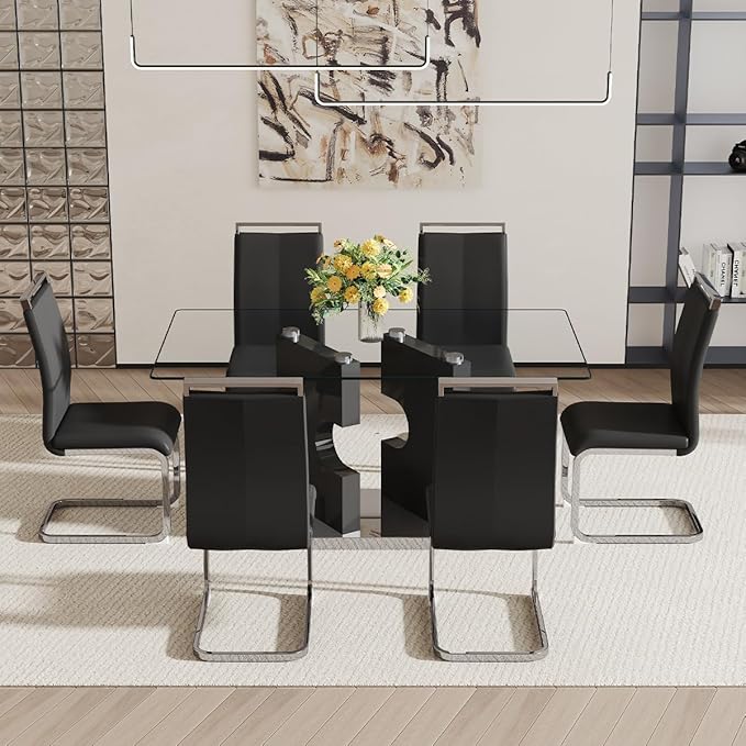Glass Dining Room Table Set for 6｜Dining Table Set for 6 with PU Leather Chairs｜Retangular Dining Table with MDF Table Legs and Sliver Base for Dining Room