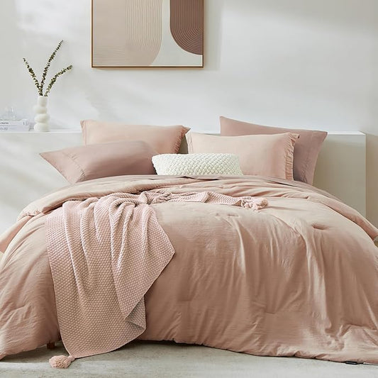 WRENSONGE King Comforter Set, 7 Pieces Clay Pink Soft Bed in a Bag King with Fitted Sheet, Flat Sheet, 2 Pillow Shams, and 2 Pillowcases- Warm Bedding Set for All Season