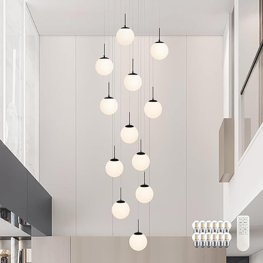 KoKo&Yukina 12-Light Black Mid Century Modern Chandelier for Living Room Staircase Chandelier for Entryway Globe Milky White Glass Pendant Light High Ceiling Chandeliers Foyer (Bulb & Remote Incl.)