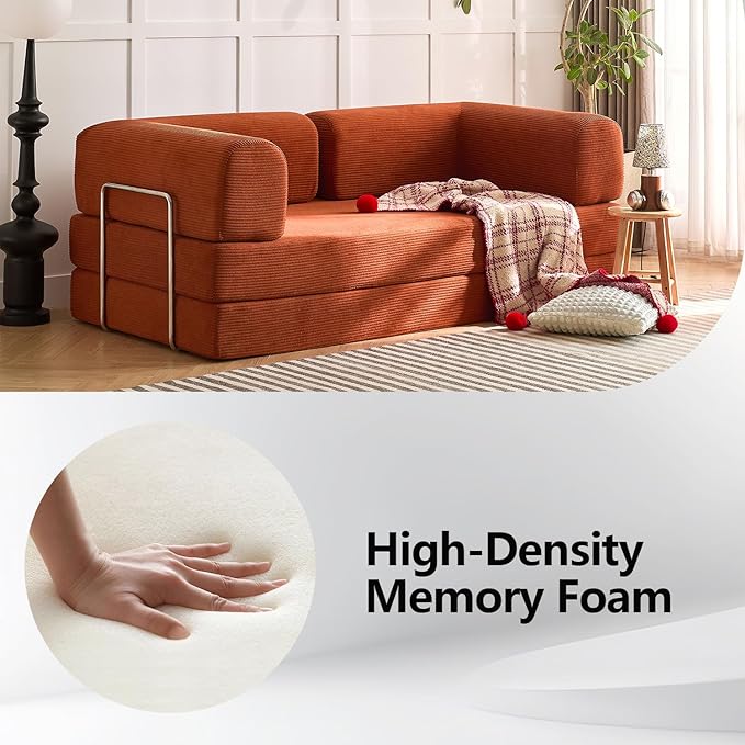 Modern Convertible Lounge Chair, Corduroy Fabric, Square Platform Design with Metal Frame, Floor Sofa Bed with Fixed-Shape Frame,Living Room Seating with Armrest (Orange, 3-Seater Sofa)