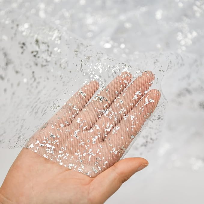 Artoid Mode White Silver Gauze Table Runner 120 Inch 10FT, Glitter Metallic Foil Sheer Dining Holiday Wedding Anniversary Birthday Table Decor for Home Party