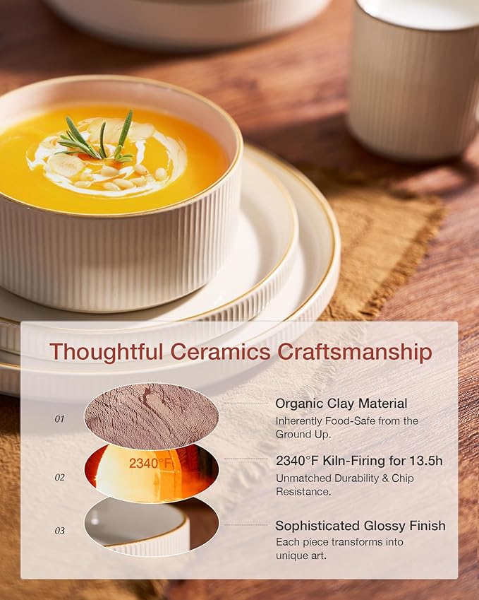 Famiware Star Dinnerware Set, Plates and Bowls Sets for 8 (24pcs), Ribbed Stoneware Dishes - Chip & Scratch Resistant, Microwave & Dishwasher Safe Tableware, White