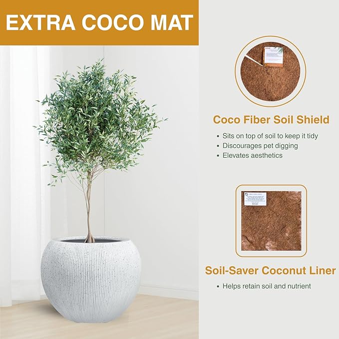 9.7" H x 12" D Globo Fiberstone Round Planter with Drainage Hole, Weather Resistant, Ribbed Finish, Planters for Indoor Plants & Outdoor, Extra Coco Mats (Speckled White, 7.8" Pot Opening)