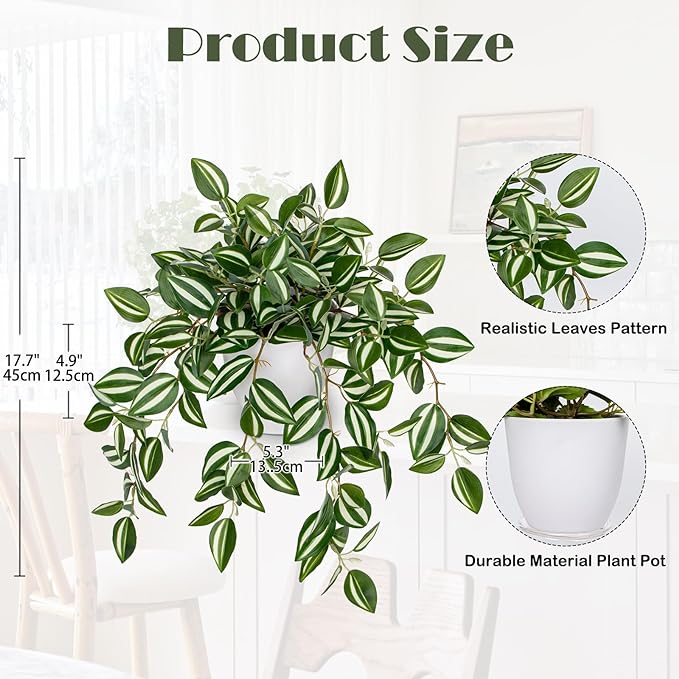 Briful Fake Plants Indoor Artificial Potted Silk Plants Faux Watermelon Peperomia Cascading Vine Plant for Home Office Livingroom Desk Shelf Mantle Decoration(Green/White - 1 Pack)