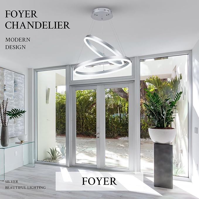Modern LED Chandelier Silver 2-Rings Pendant Light Circular Flush Mount Ceiling Chandelier Lighting with Remote Control for Bedroom Living Room Dining Room Entrance, 3000K-6500K