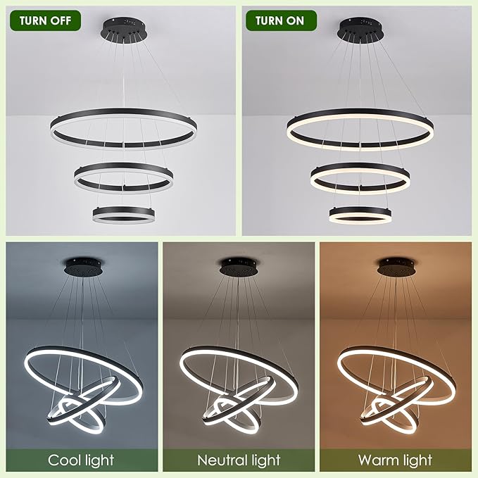 3-Rings D23.6 Modern LED Chandelier Black Dimmable Pendant Lighting with Remote Control Circular Flush Mount High Ceiling Light for Dining Room Living Room Bedroom Entrance Foyer, 3000K-6500K