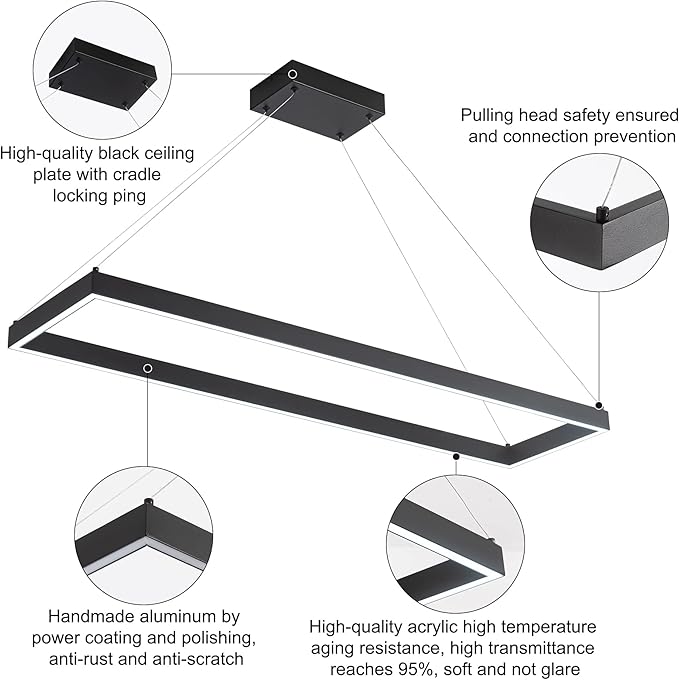 Modern Led Chandelier Linear Rectangle Chandelier Modern Led Pendant Light Kitchen Island Lighting Fixture 6000K Dimmable 39.4” Contemporary Hanging Light for Dining Room Living Room Black