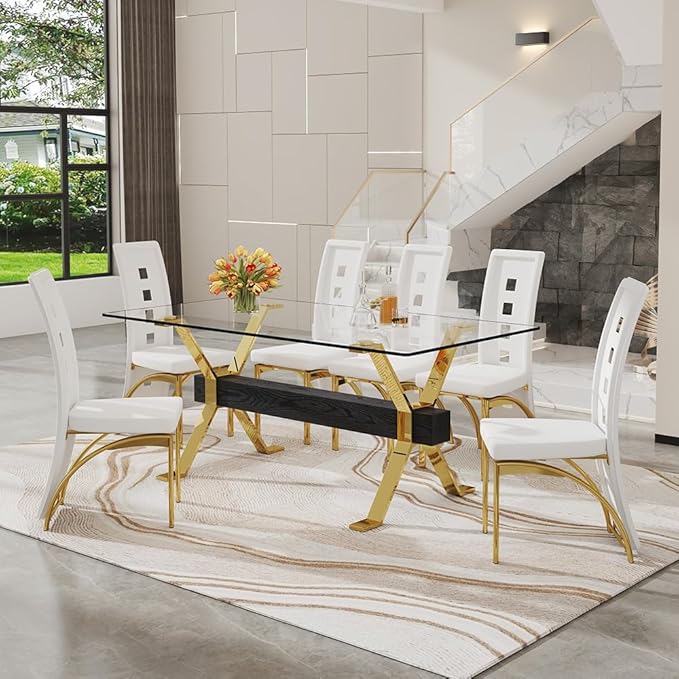 71'' Modern Dining Table Set for 6,7 Piece Glass Dining Table Set with Open‑Frame X‑Shaped Golden Metal Base,Gold Kitchen Table and Chairs Ideal for Dining Room&Home Office