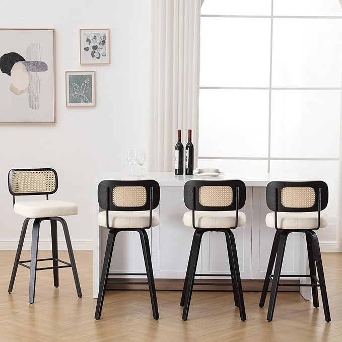 Swivel Counter Height Bar Stools Set of 4, Upholstered Faux Leather Barstools with Rattan Back, 26" Seat Height Bar Chairs Island Stools for Kitchen Counter, Black Wood Frame, Cream White