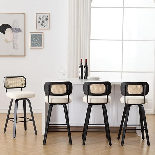 Swivel Counter Height Bar Stools Set of 4, Upholstered Faux Leather Barstools with Rattan Back, 26" Seat Height Bar Chairs Island Stools for Kitchen Counter, Black Wood Frame, Cream White