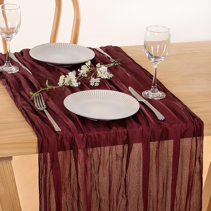 MLMC Burgundy Red Table Runner 10ft Rustic Gauze Wine Red Cheesecloth Table Runner Fall Cheese Cloth Centerpiece 35x120 Inches for Halloween Wedding Party Bridal Shower Anniversary Events Decor