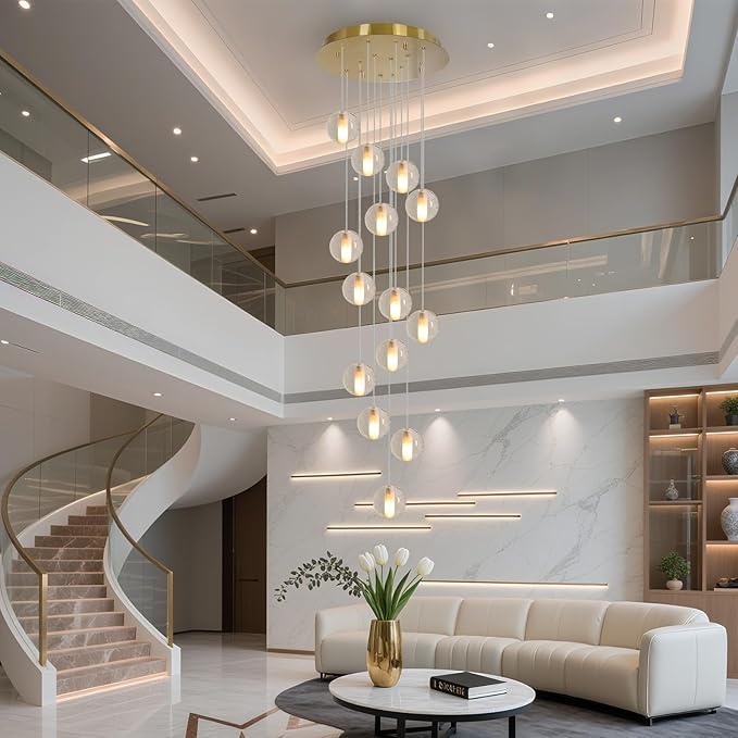 Gold 14 Lights Bubble Staircase Chandelier for High Ceiling, Dimmable Modern Crystal Raindrop Large Long Hanging Pendant Light for Stairwell Living Room Stair Foyer, Bulbs Included