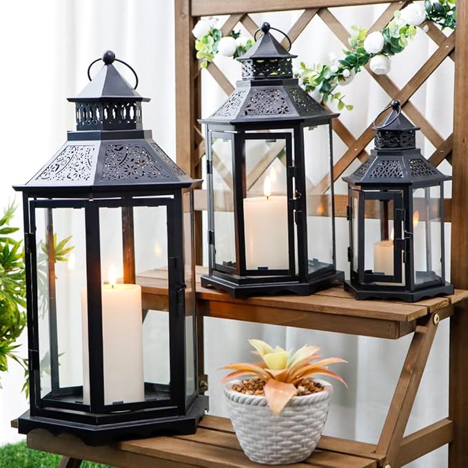 TRIROCKS Set of 3 Decorative Candle Lanterns18''&13"&10" H Hexagonal Candle Holder Vintage Metal Hanging Lantern with Tempered Glass for Garden Patio Wedding Event Indoors Outdoors(Black)
