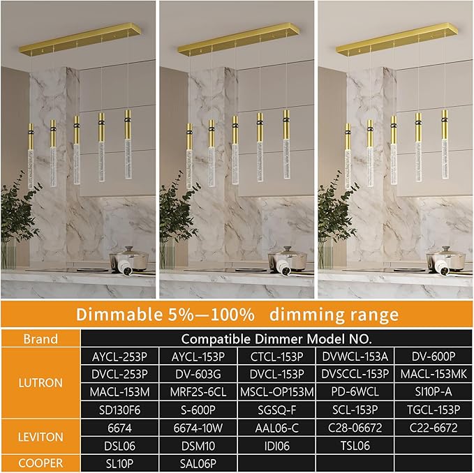 5 Light Pendant Lighting Dining Room Light Fixture Dimmable LED Modern Gold Pendant Light with Bubble Crystal Pendant Lights Kitchen Island