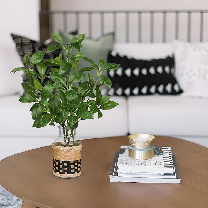 Fake Stems in Glass Vase with Faux Water and Handcrafted Bamboo Weave 13.4” Artificial Plants Leaves for Shelf Desk Bathroom Farmhouse Room Coffee Table Home Decor