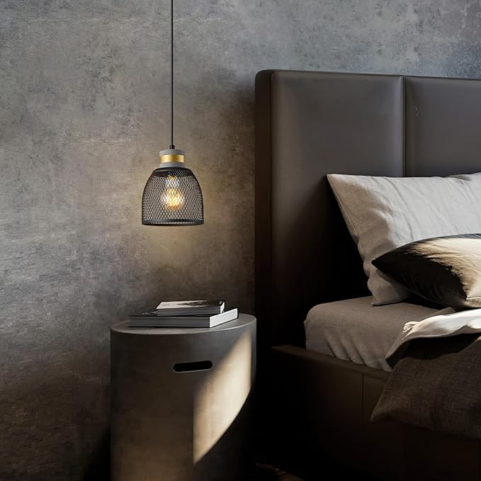 Modern Industrial Pendant Light Fixture with Concrete and Black Metal Linear Shade Black Pendant Light Kitchen Island for Bedroom Dining Room Restaurant(Black 1-Pack)