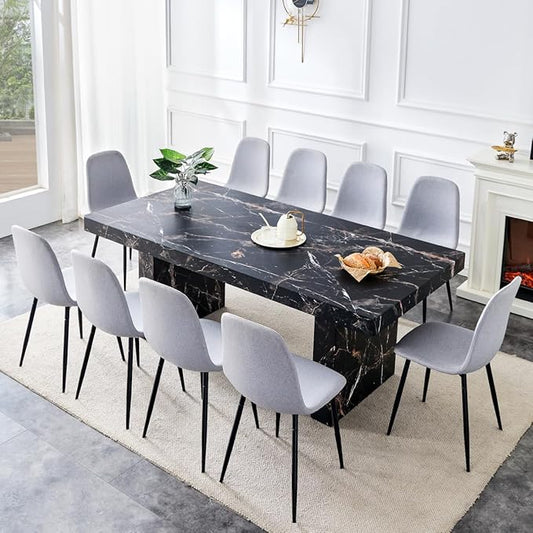 Marble Dining Table Set 79" ｜Modern Dining Table Set with 10 Linen Chairs｜Engineered Wood with Marble Pattern Tabletop｜Widened and Stable Tablelegs｜Easy Assembly