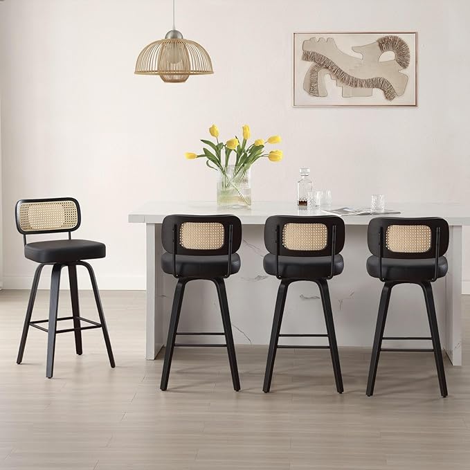 Swivel Bar Height Stools Set of 4, Upholstered Faux Leather Barstools with Rattan Back, 29" Seat Height Tall Bar Stools for Kitchen Counter, Black Wood Frame, Black