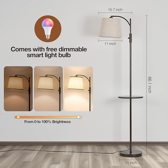 AIDENOEY Smart Floor Lamp with Side Table | Stepless Dimming, RGB Multi-Color | Adjustable Swivel Head | Voice Control with Alexa & Google Assistant |Brown Lamp for Living Room,Bedroom,Home Office