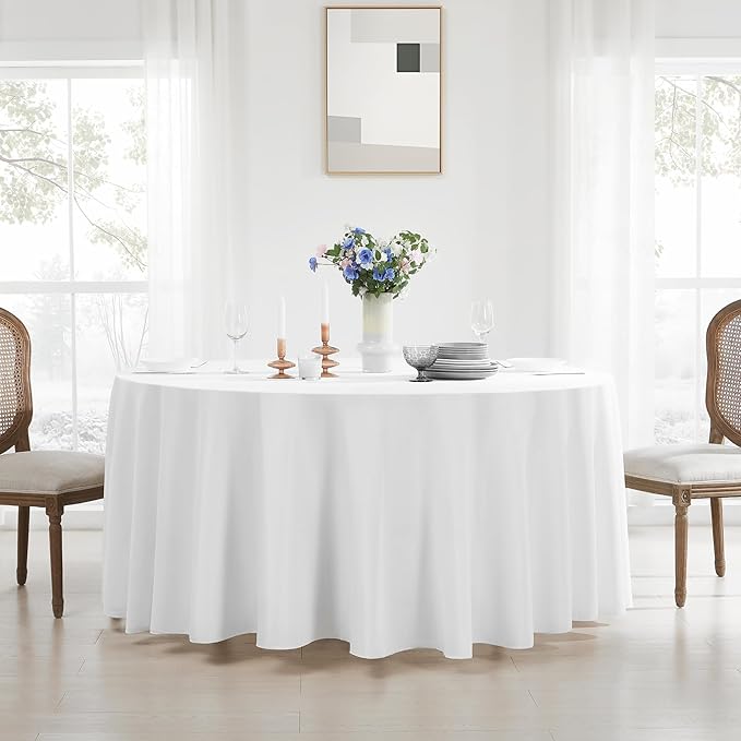 Round Tablecloth 132 Inch 2 Pack White Tablecloths Washable Decorative Linen Polyester Table Clothes Cover for Dining Table Banquets Buffet Parties and Wedding